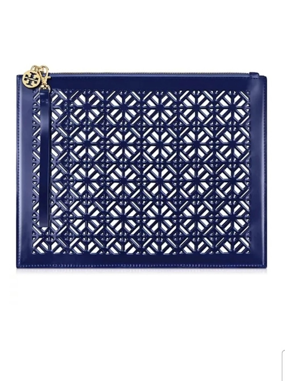 Tory Burch Navy Laser-Cut Leather Wristlet Clutch with Gold Charm